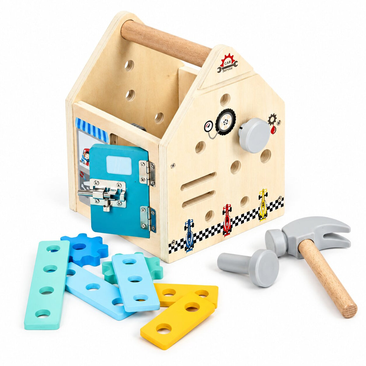 Koka instrumentu mājiņa DIY ar āmuru un skrūvēm, 32 gab. | EcoToys