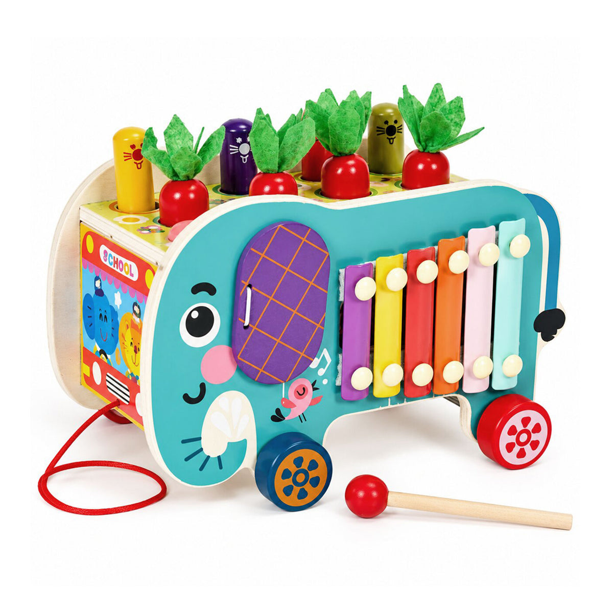 Koka aktivitāšu kubs 8in1 “Zilonis” – staigulis, šķirotājs, ksilofons, makšķerēšana | EcoToys