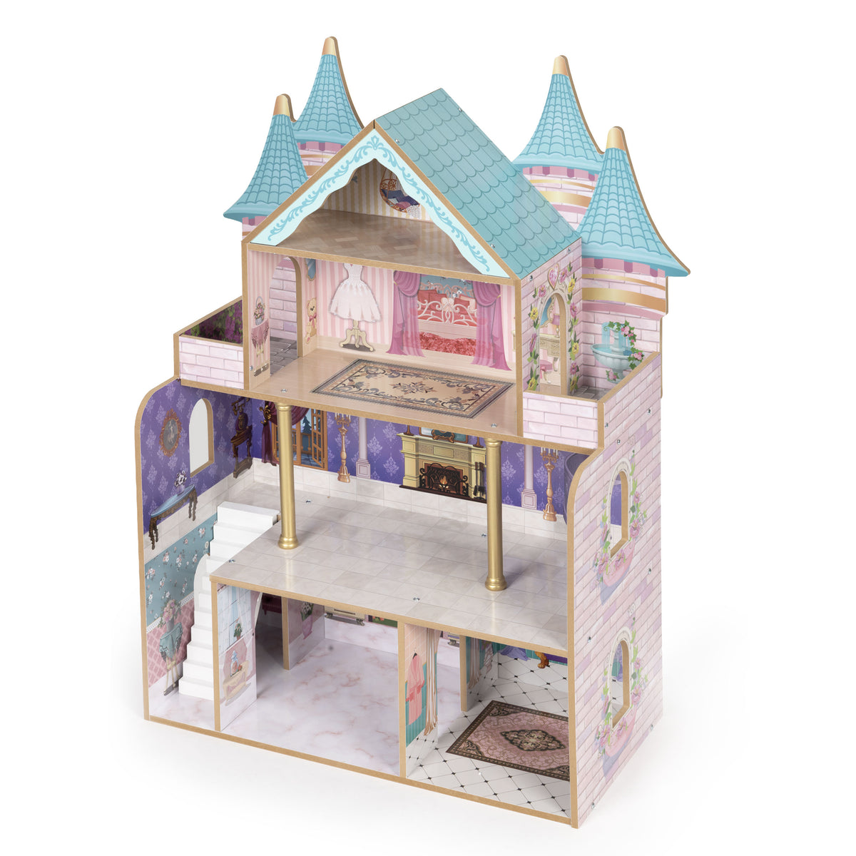 Koka leļļu māja “Bella Castle”, 4 stāvi, 5 istabas, 15 mēbeles | EcoToys
