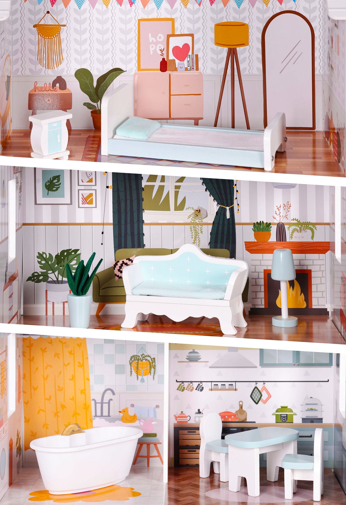 Leļļu māja “Alice” – 3 stāvi, 4 istabas, 9 mēbeles | EcoToys