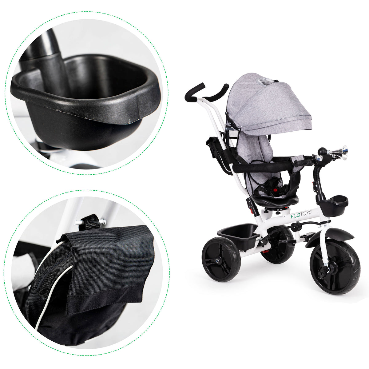 Trīsritenis ar 360° grozāmu sēdekli un jumtiņu, pelēks | EcoToys
