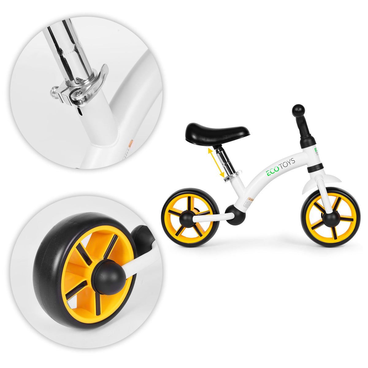 Līdzsvara velosipēds ar EVA riteņiem un regulējamu sēdekli, melns | EcoToys