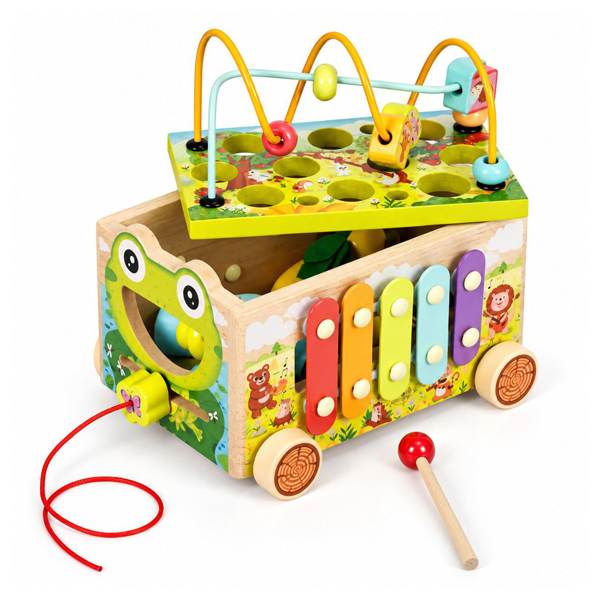Koka aktivitāšu kubs 8in1 “Varde” – staigulis, šķirotājs, ksilofons, makšķerēšana | EcoToys