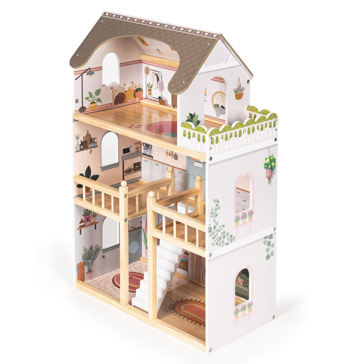 Koka leļļu māja “Laura”, 3 stāvi, 5 istabas, 15 mēbeles | EcoToys