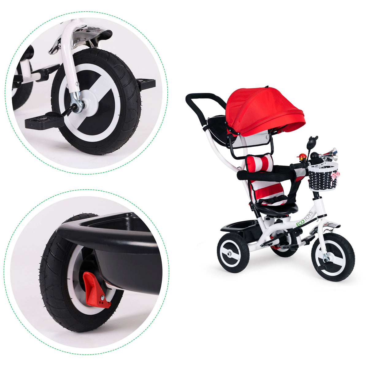 Trīsritenis ar jumtiņu un gumijas riteņiem, sarkans | EcoToys