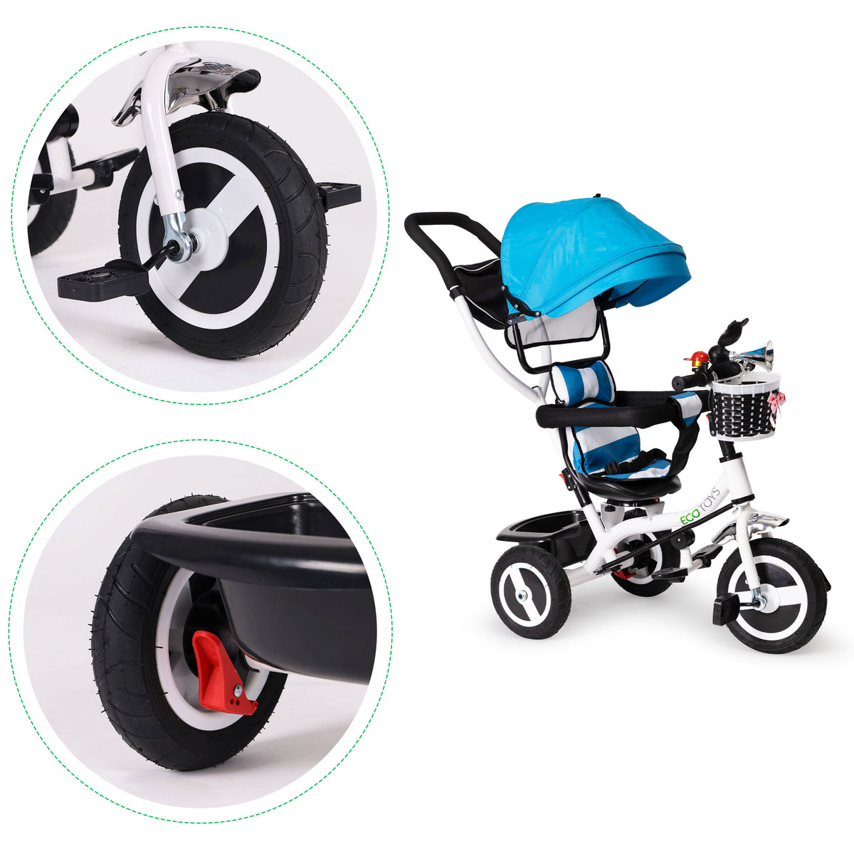 Trīsritenis ar jumtiņu un gumijas riteņiem, zils | EcoToys