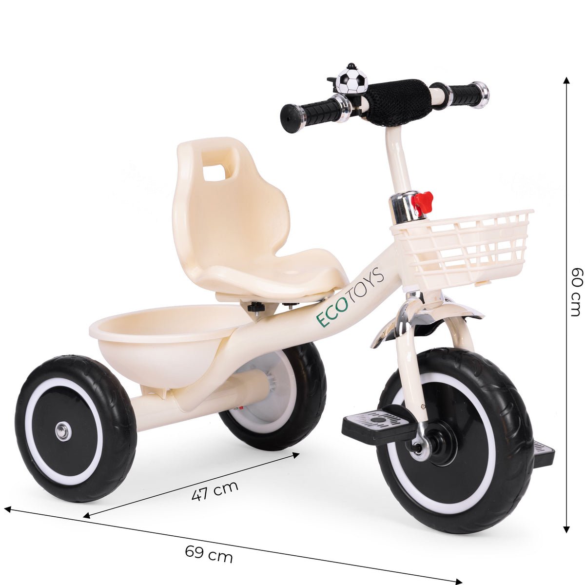 Trīsritenis ar neslīdošiem rokturiem, zvaniņu un groziņu, bēšs | EcoToys