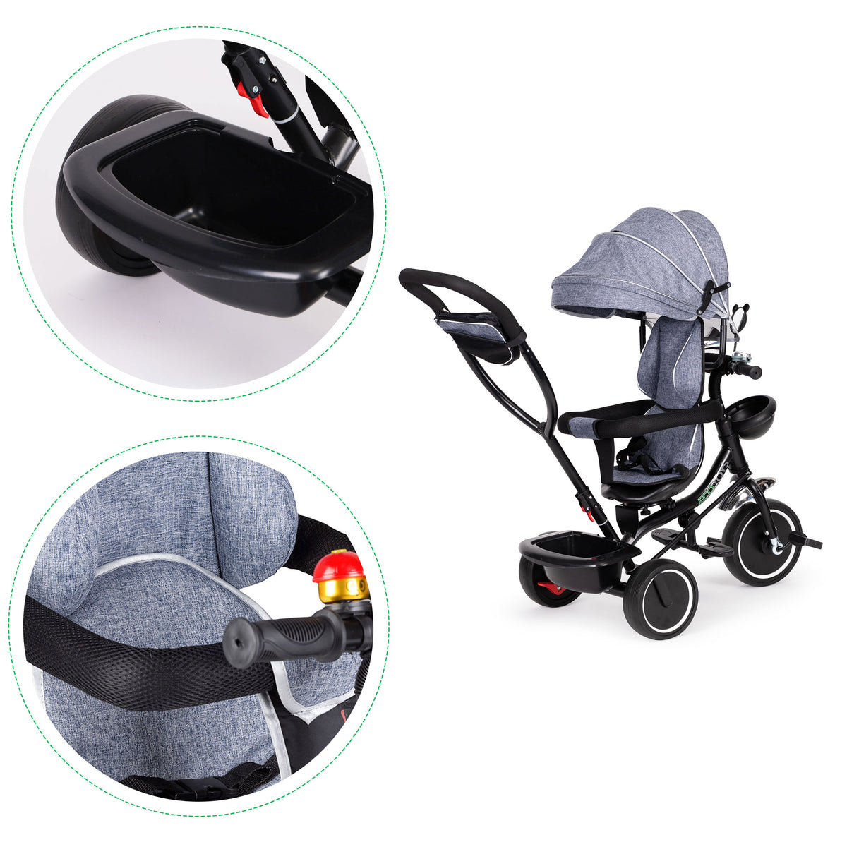 Trīsritenis ar grozāmu sēdekli un jumtiņu, pelēks | EcoToys