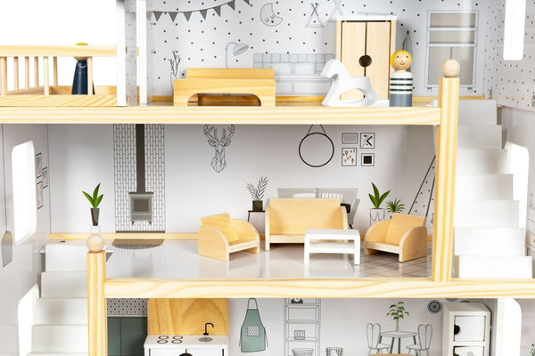 Leļļu namiņš ar 18 koka mēbeļu komplektu ECO HOME