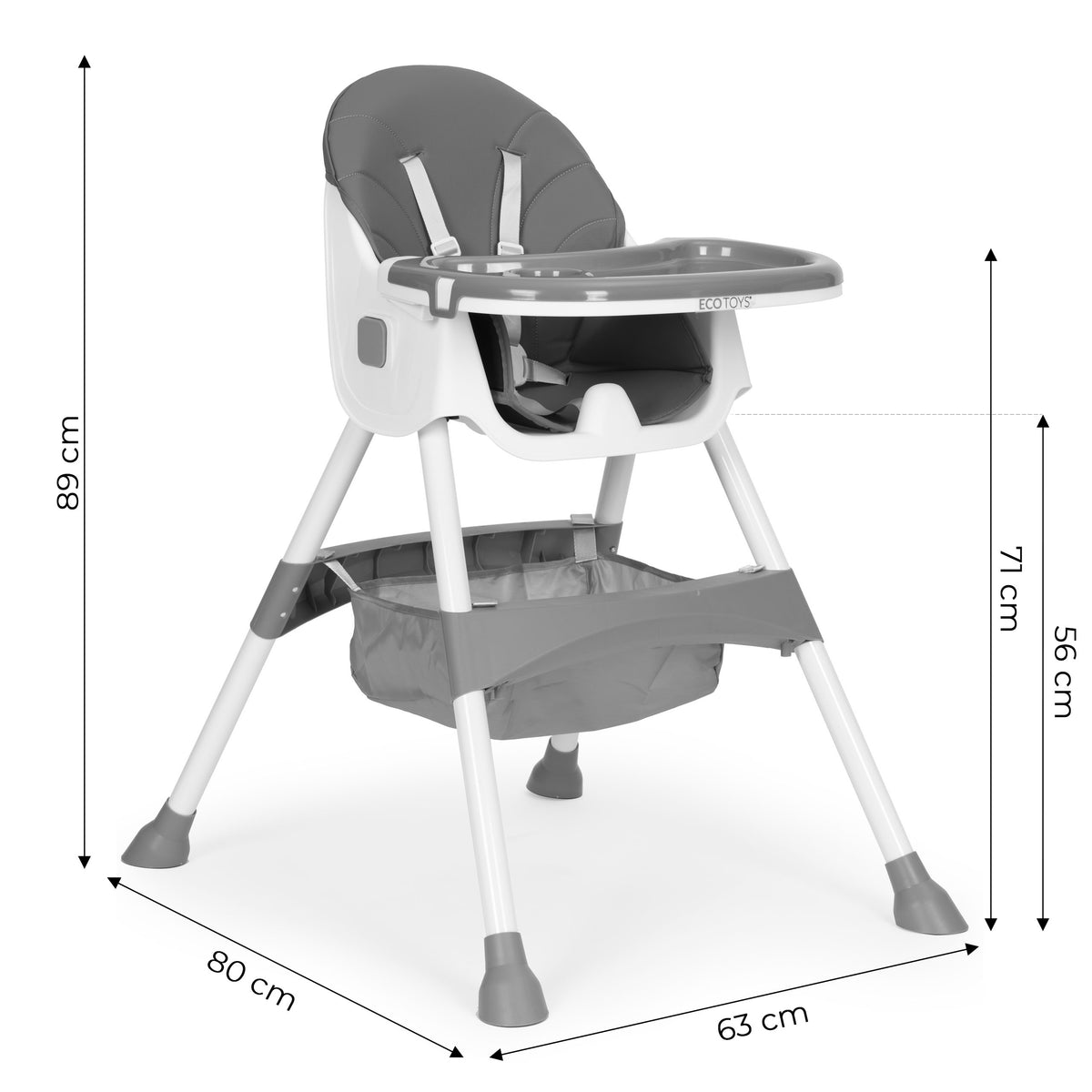 Barošanas krēsliņš ar paplāti, grozu un 5 punktu jostu, pelēks | EcoToys