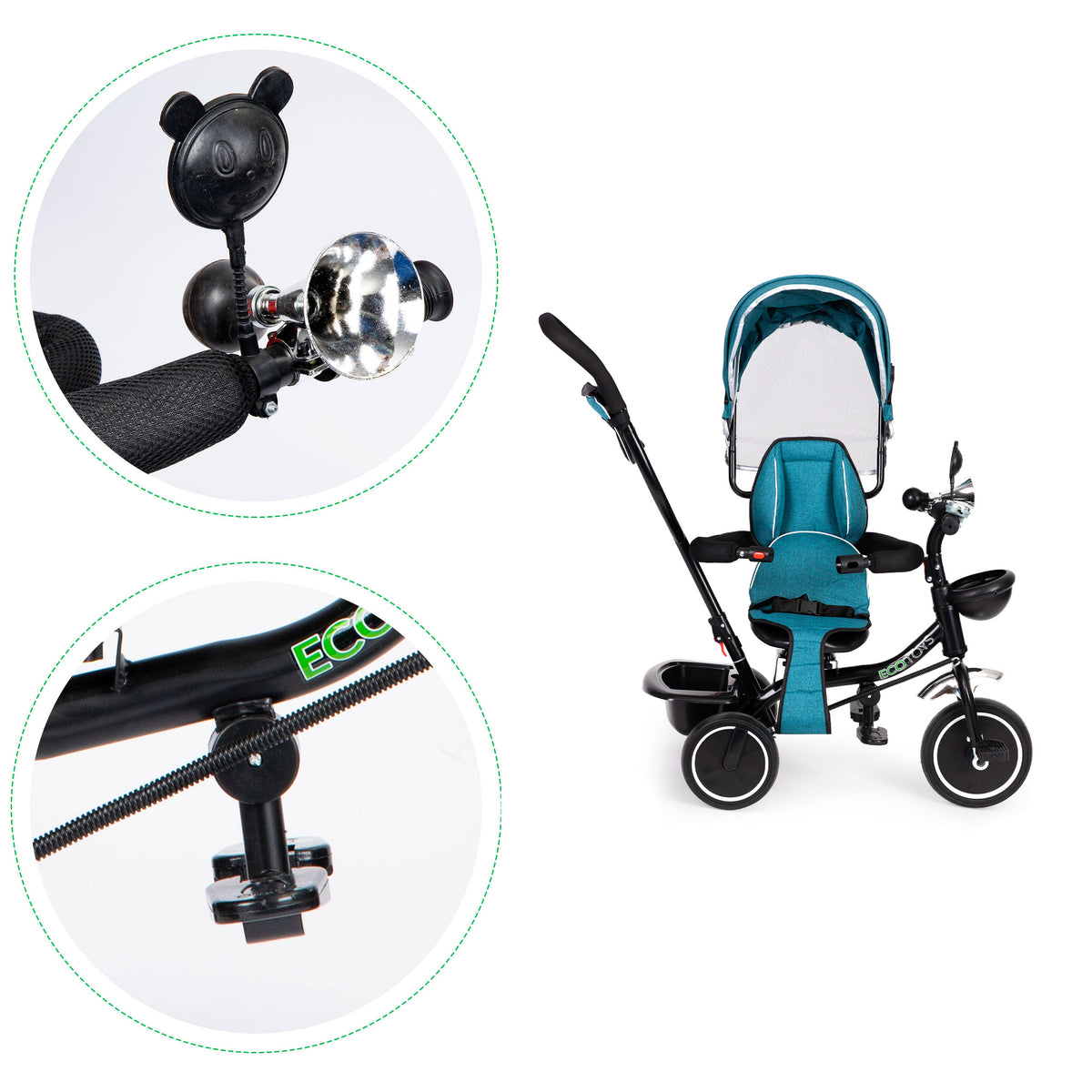 Trīsritenis ar grozāmu sēdekli un jumtiņu, zili zaļš | EcoToys