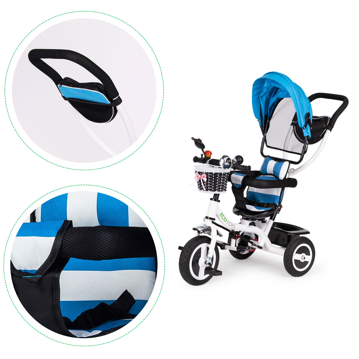 Trīsritenis ar jumtiņu un gumijas riteņiem, zils | EcoToys