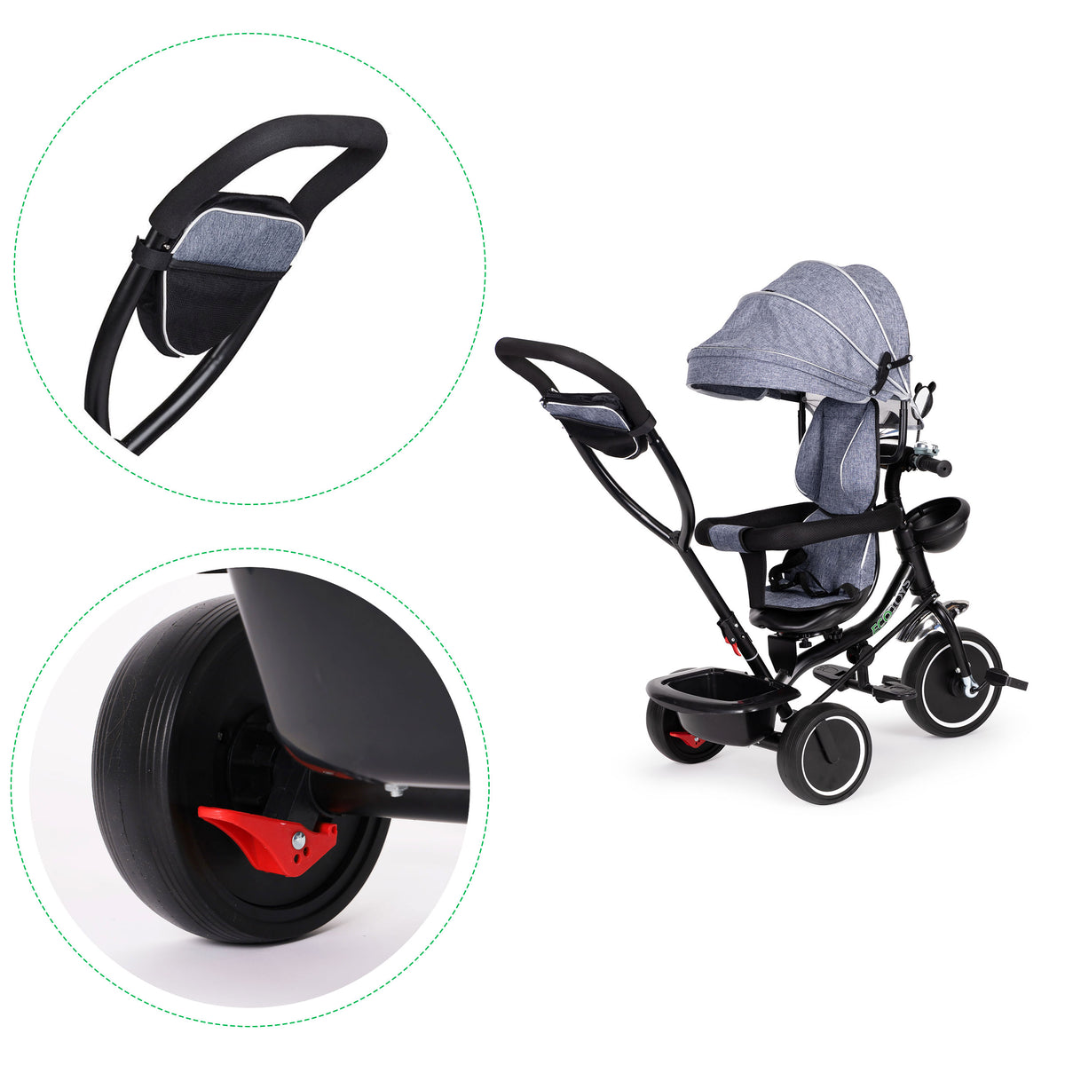 Trīsritenis ar grozāmu sēdekli un jumtiņu, pelēks | EcoToys