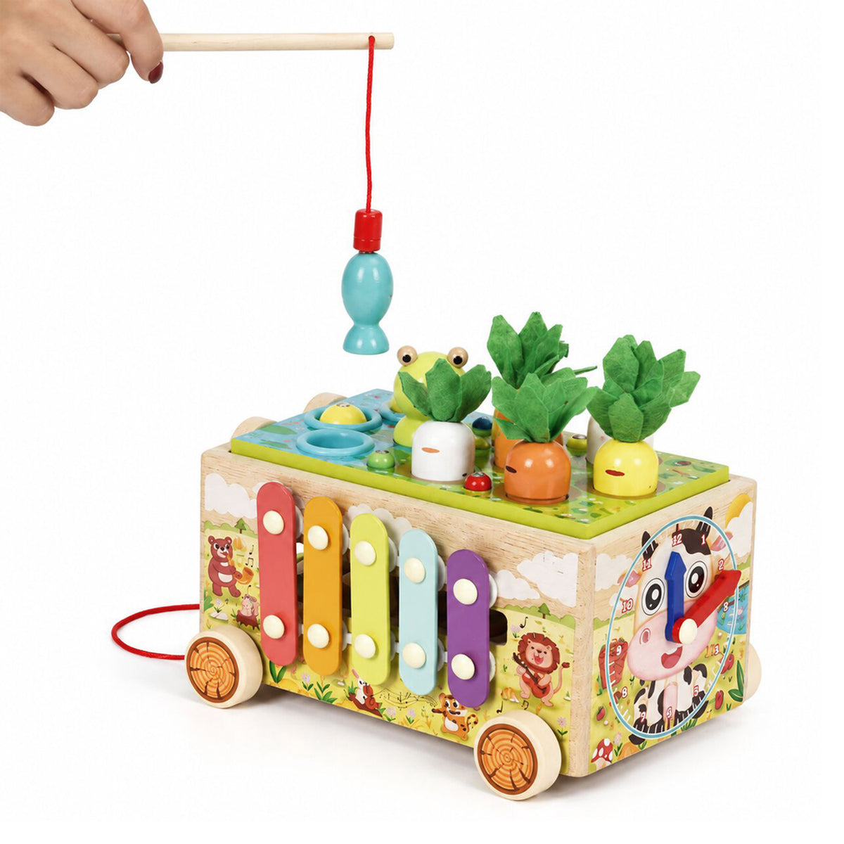 Koka aktivitāšu kubs 8in1 “Varde” – staigulis, šķirotājs, ksilofons, makšķerēšana | EcoToys