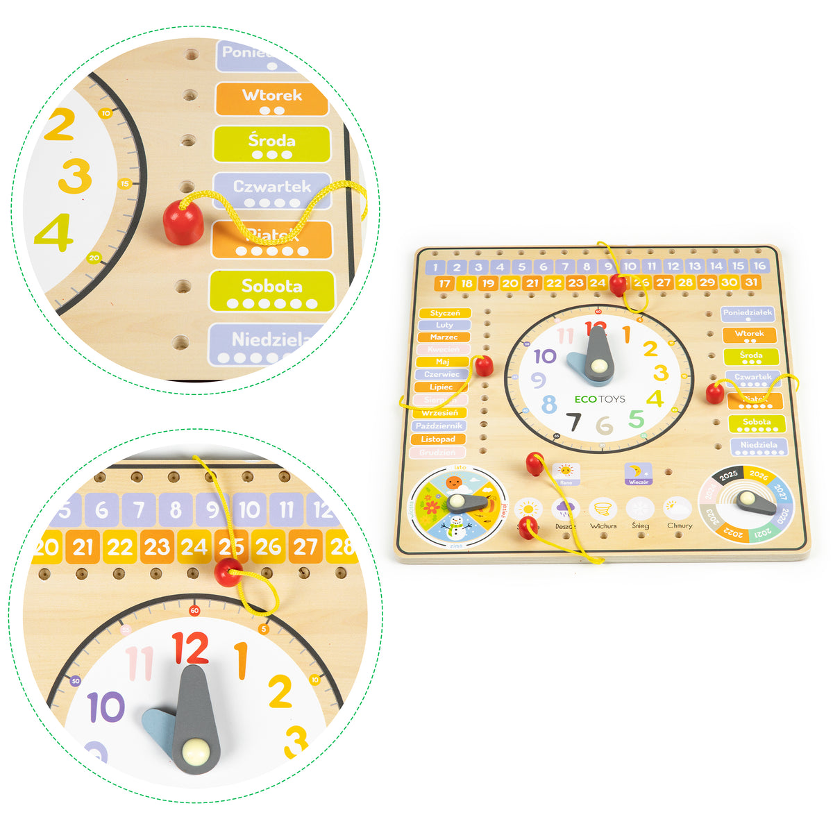 Koka manipulāciju dēlis ar kalendāru un pulksteni | EcoToys