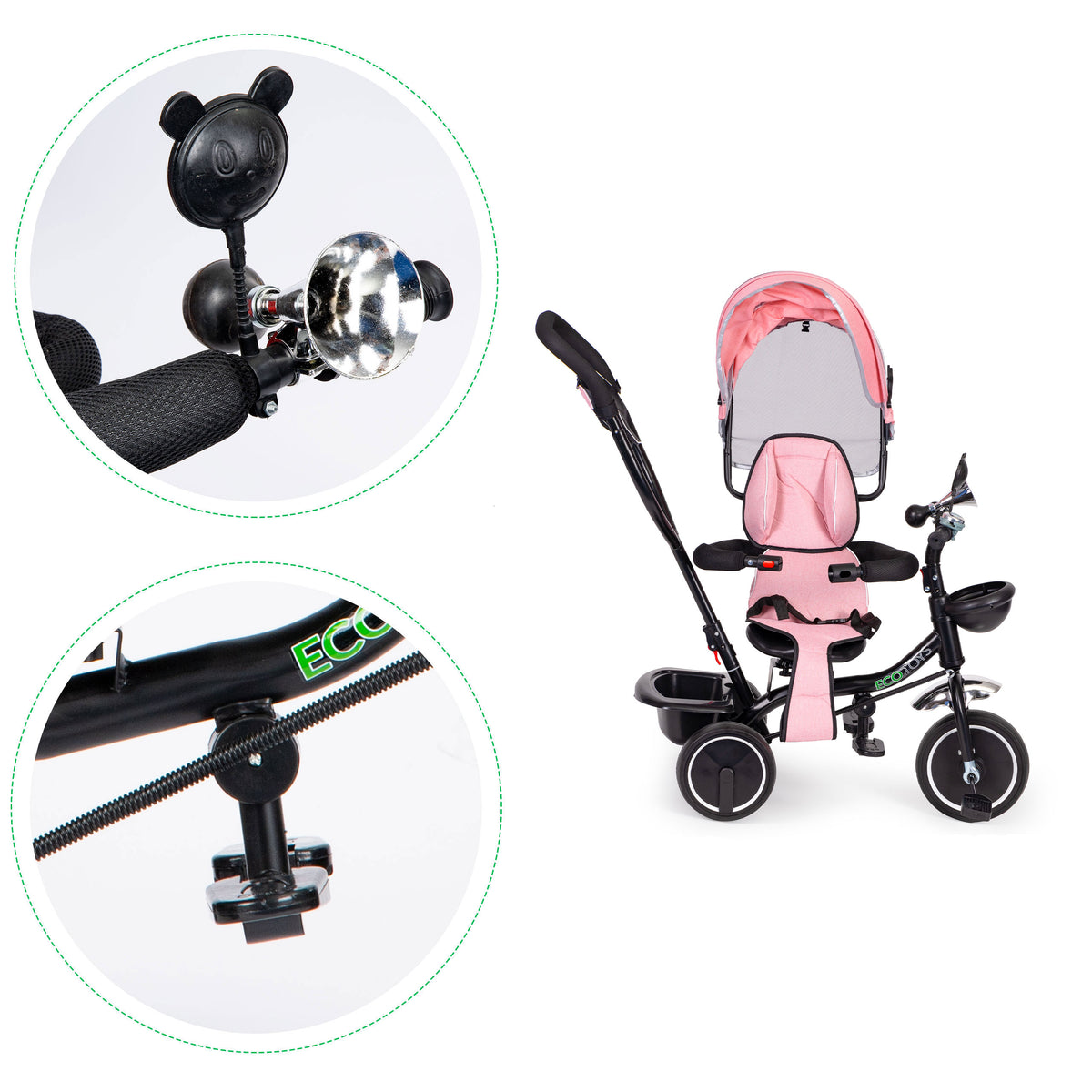 Trīsritenis ar grozāmu sēdekli un jumtiņu, rozā | EcoToys