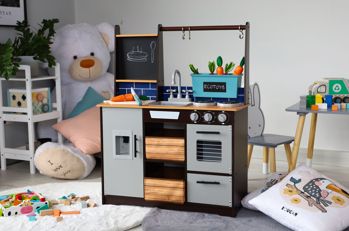 Liela koka bērnu virtuve ar dārzeņu leti un piederumiem | EcoToys