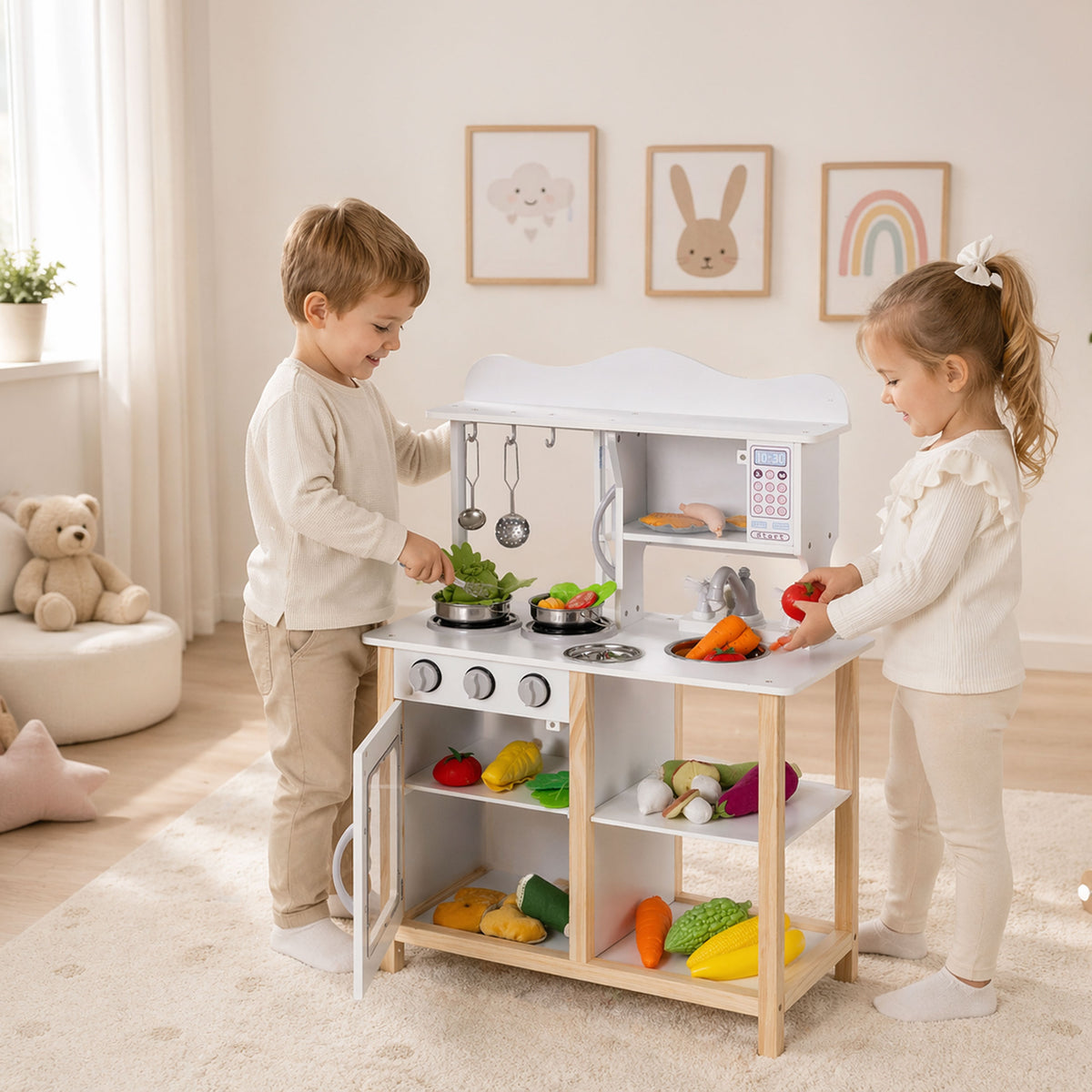 Koka bērnu virtuve ar cepeškrāsni un piederumiem, balta | EcoToys