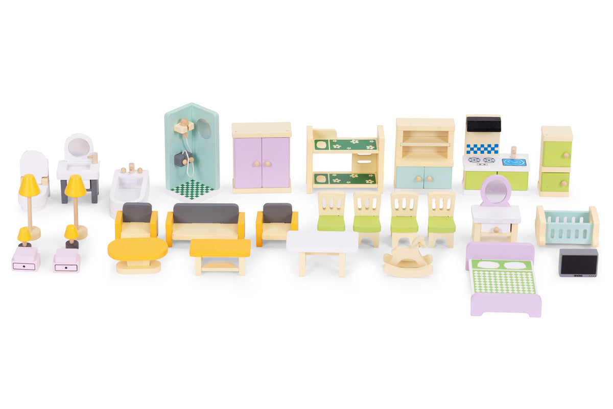 Koka leļļu mājas mēbeļu un piederumu komplekts, 30 gab. | EcoToys