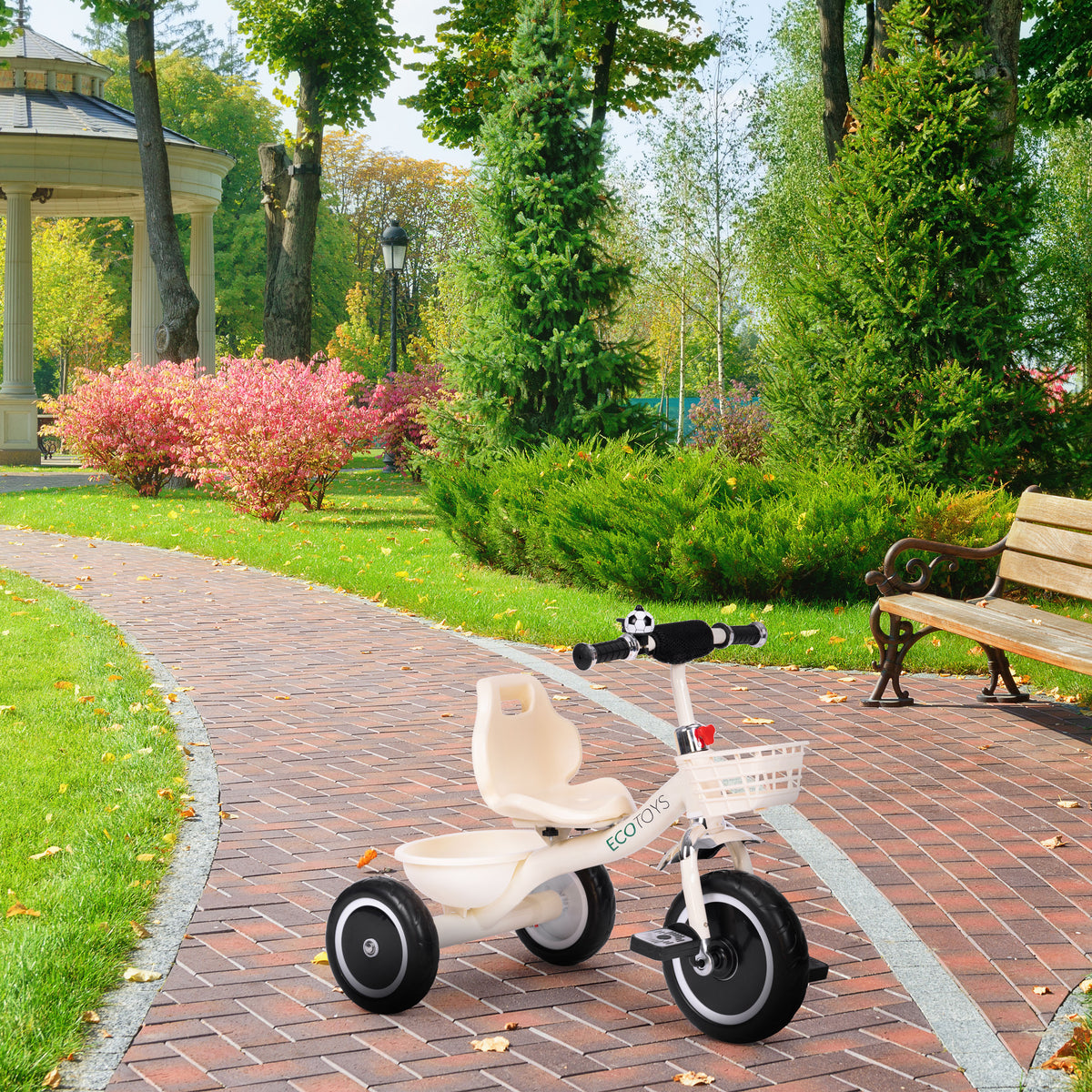 Trīsritenis ar neslīdošiem rokturiem, zvaniņu un groziņu, bēšs | EcoToys
