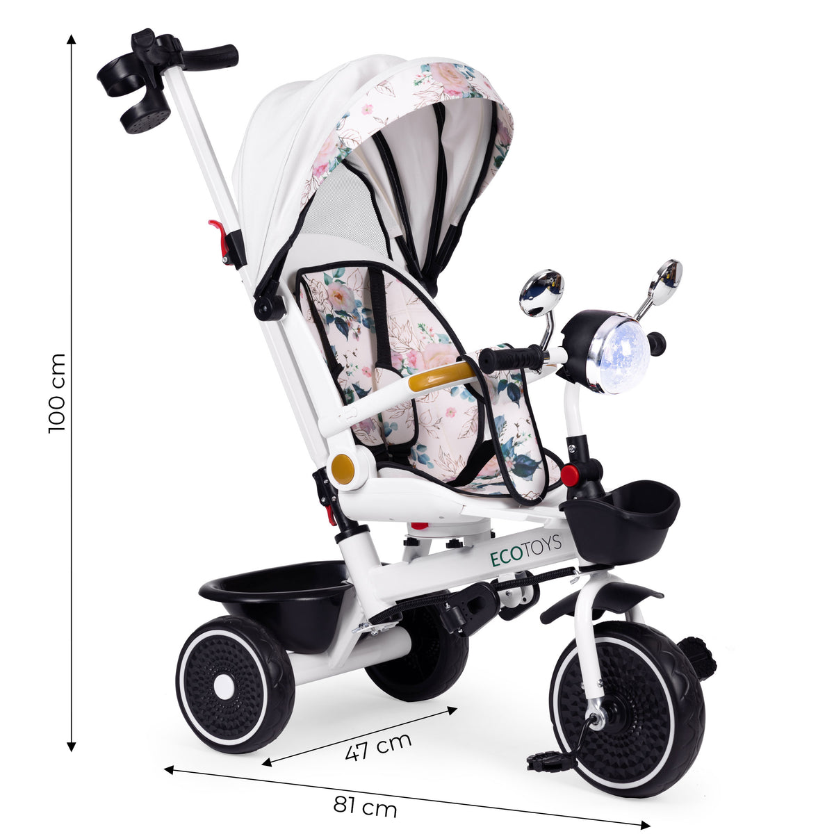 Trīsritenis – ratiņi ar grozāmu sēdekli, stumšanas rokturi un jumtiņu | EcoToys