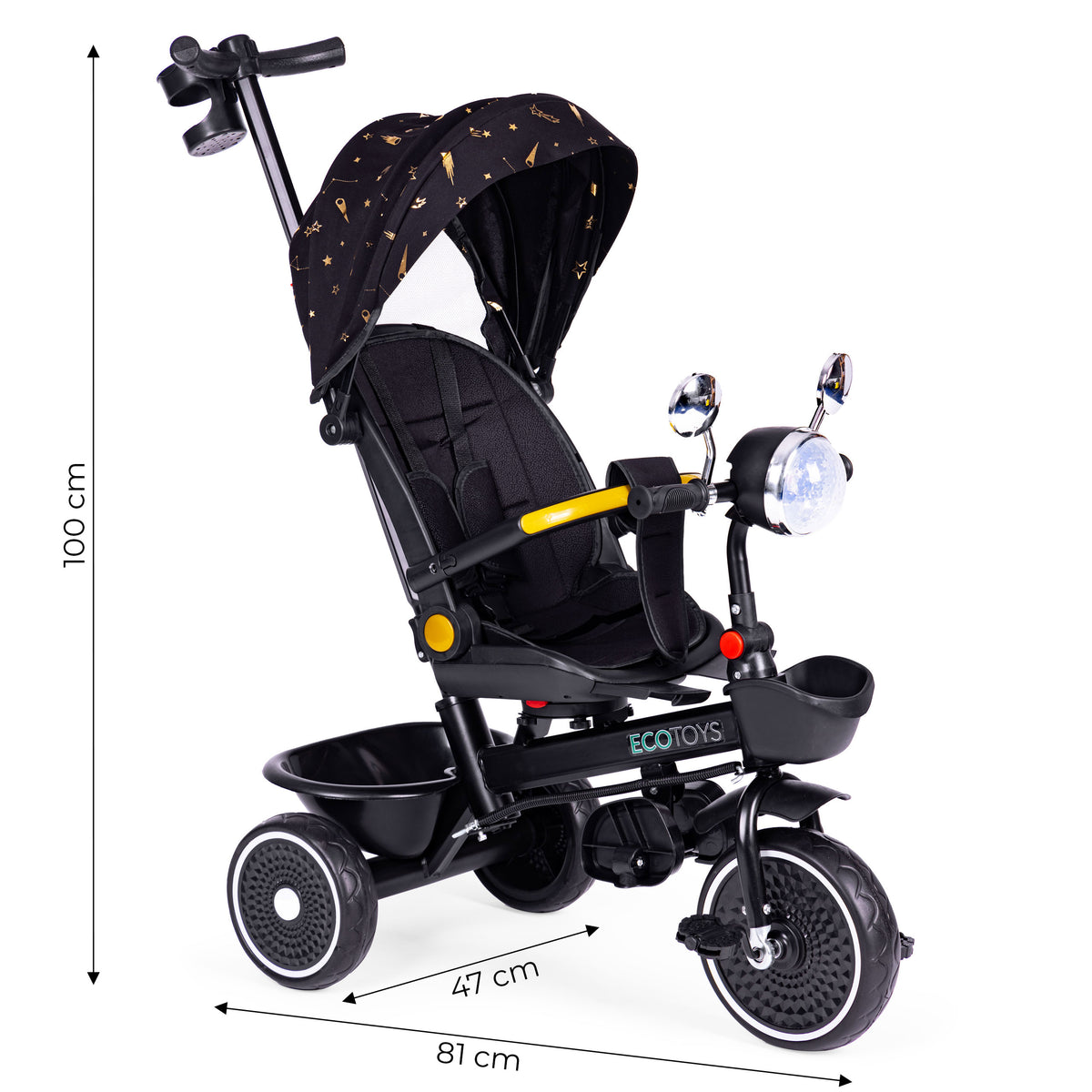 Trīsritenis – ratiņi ar grozāmu sēdekli un stumšanas rokturi, melns | EcoToys