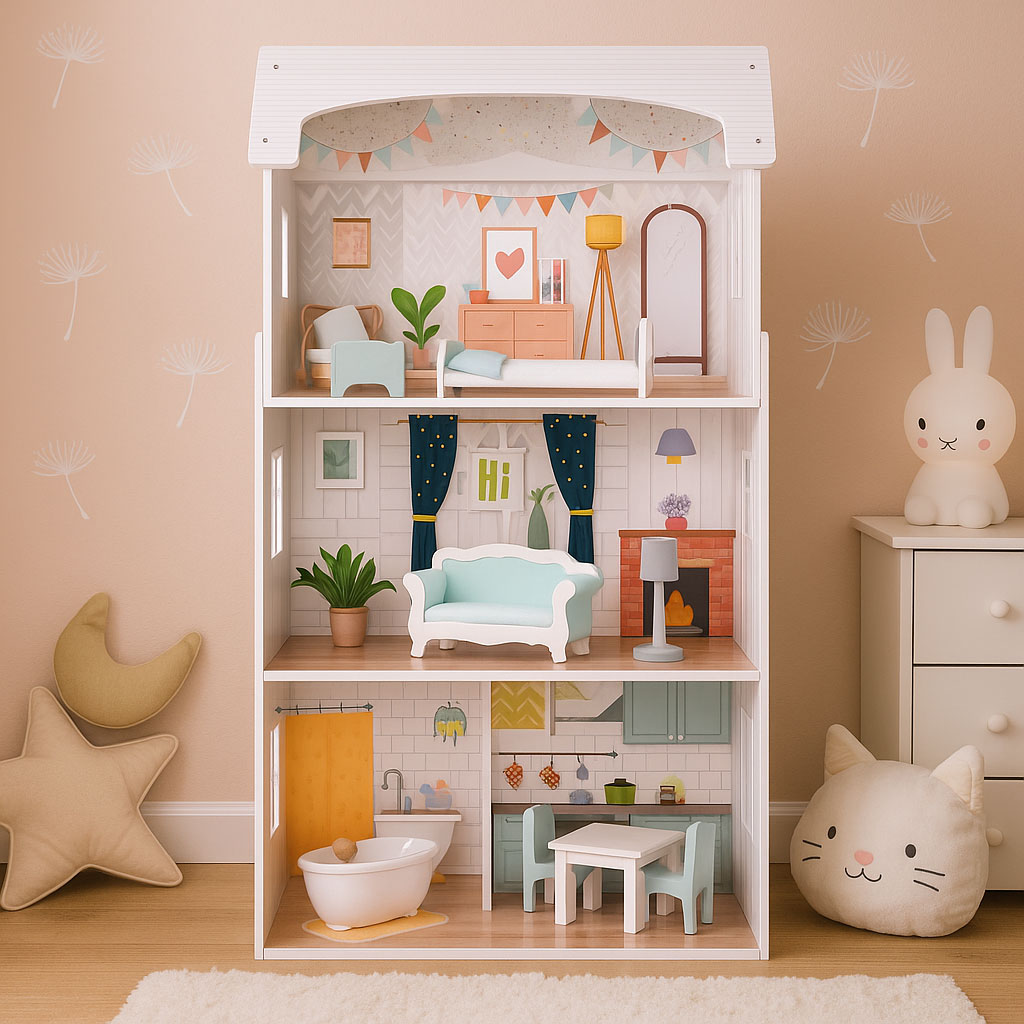 Leļļu māja “Alice” – 3 stāvi, 4 istabas, 9 mēbeles | EcoToys