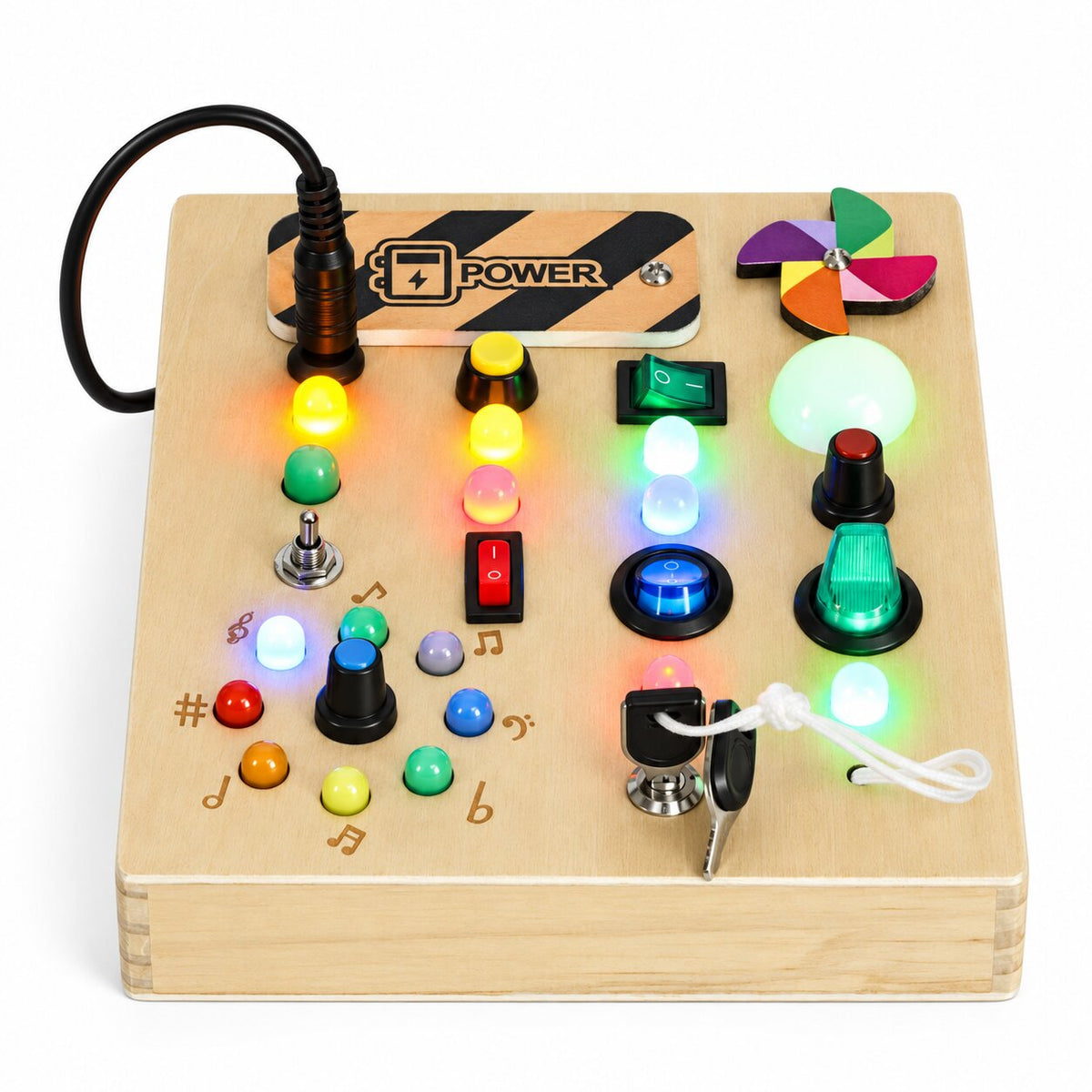Koka interaktīvais sensorais dēlis ar slēdžiem un LED gaismām | EcoToys