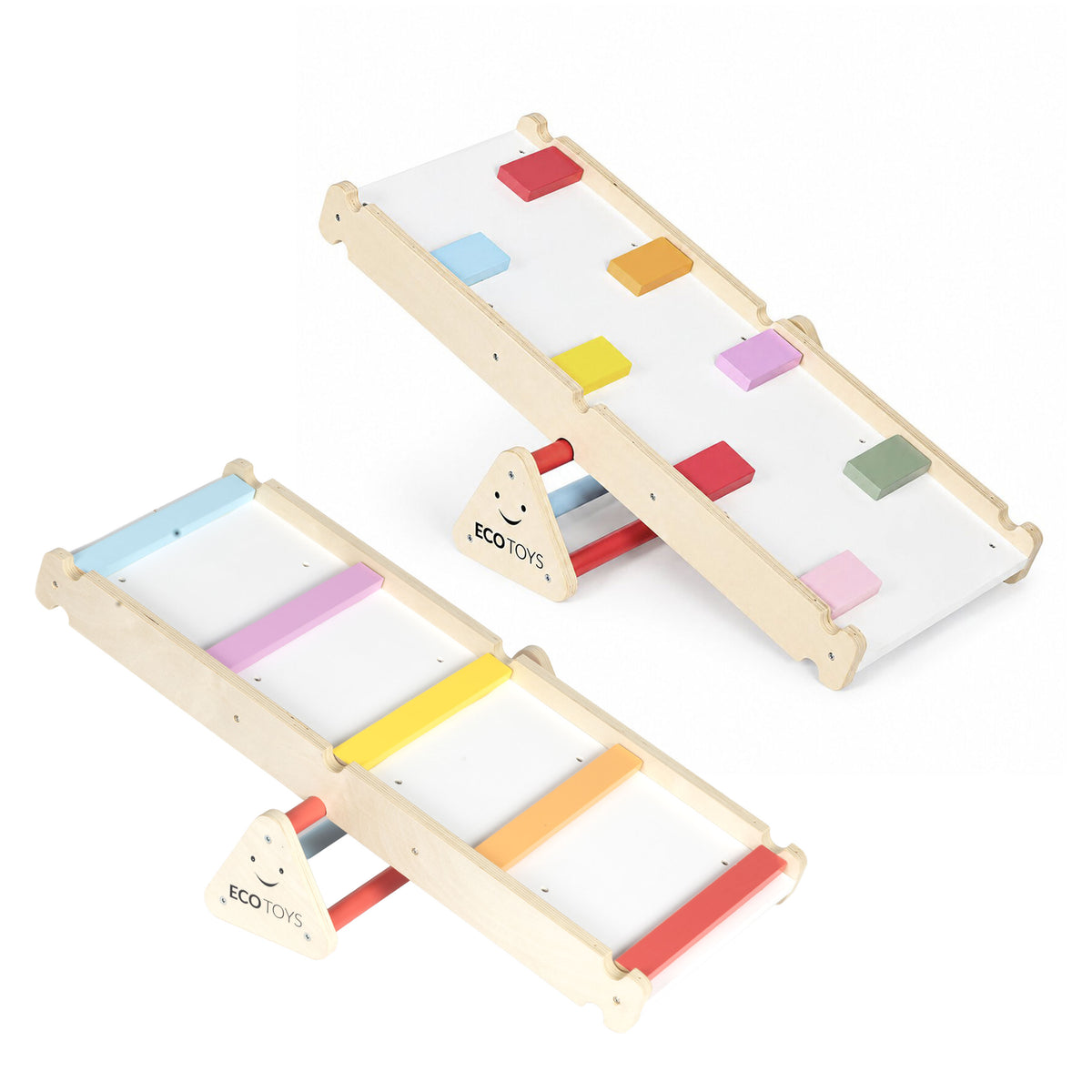 Koka Montessori kāpelēšanas komplekts ar kāpnēm un līdzsvara baļķi “LUNA” | EcoToys