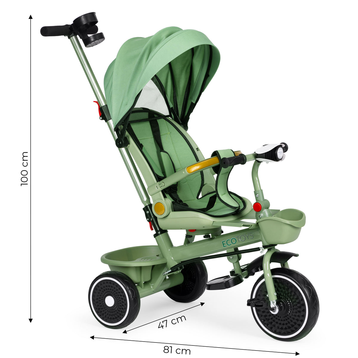 Trīsritenis – ratiņi 2in1 ar grozāmu sēdekli un saliekamu jumtiņu, zaļš | EcoToys