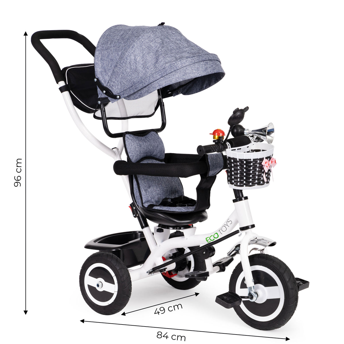 Trīsritenis ar jumtiņu un gumijas riteņiem, pelēks | EcoToys