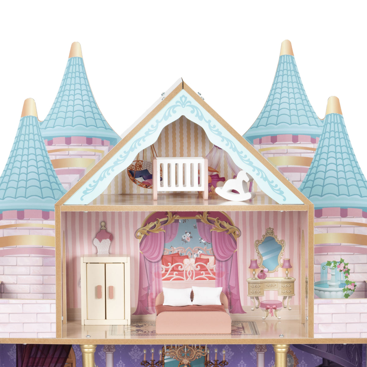 Koka leļļu māja “Bella Castle”, 4 stāvi, 5 istabas, 15 mēbeles | EcoToys