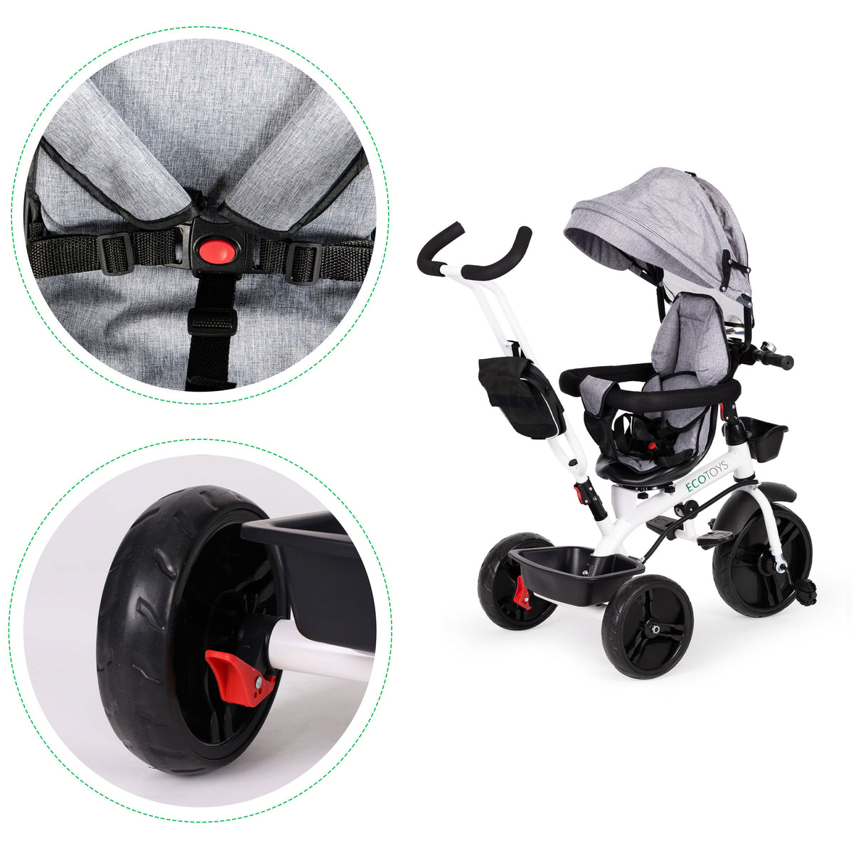 Trīsritenis ar 360° grozāmu sēdekli un jumtiņu, pelēks | EcoToys