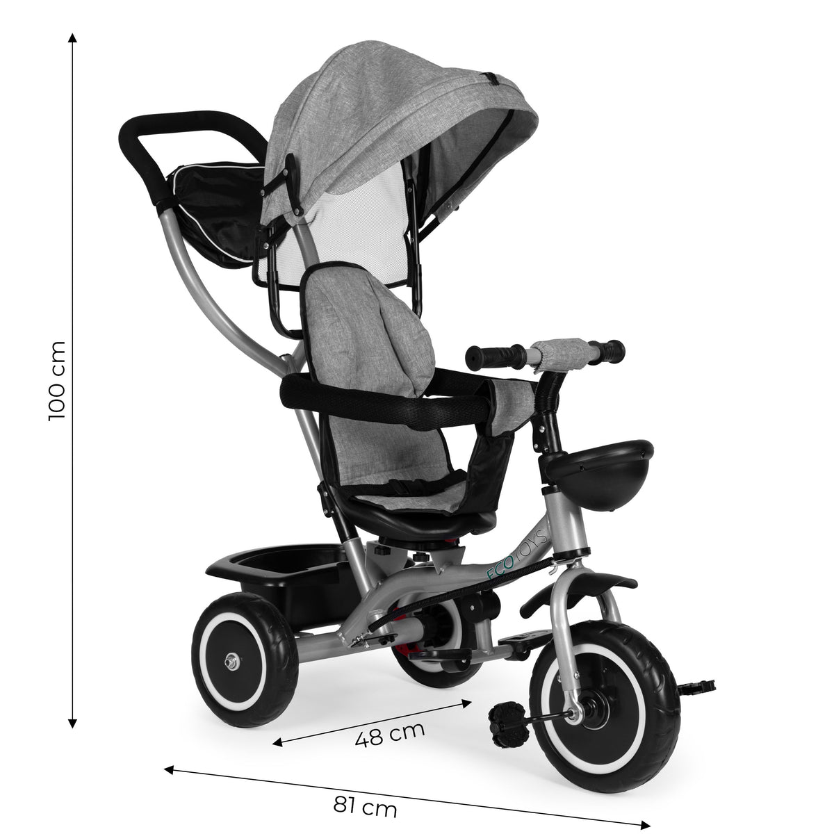 Trīsritenis – ratiņi 2in1 ar grozāmu sēdekli un saliekamu jumtiņu, pelēks | EcoToys
