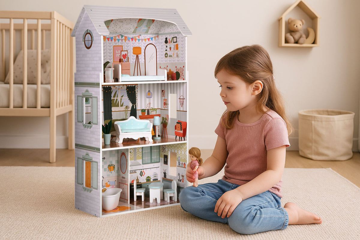 Leļļu māja “Alice” – 3 stāvi, 4 istabas, 9 mēbeles | EcoToys