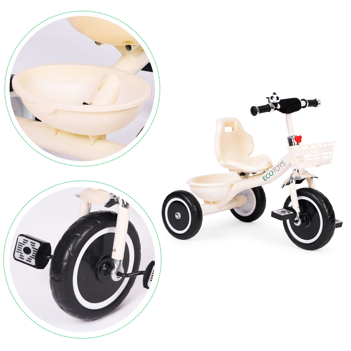 Trīsritenis ar neslīdošiem rokturiem, zvaniņu un groziņu, bēšs | EcoToys