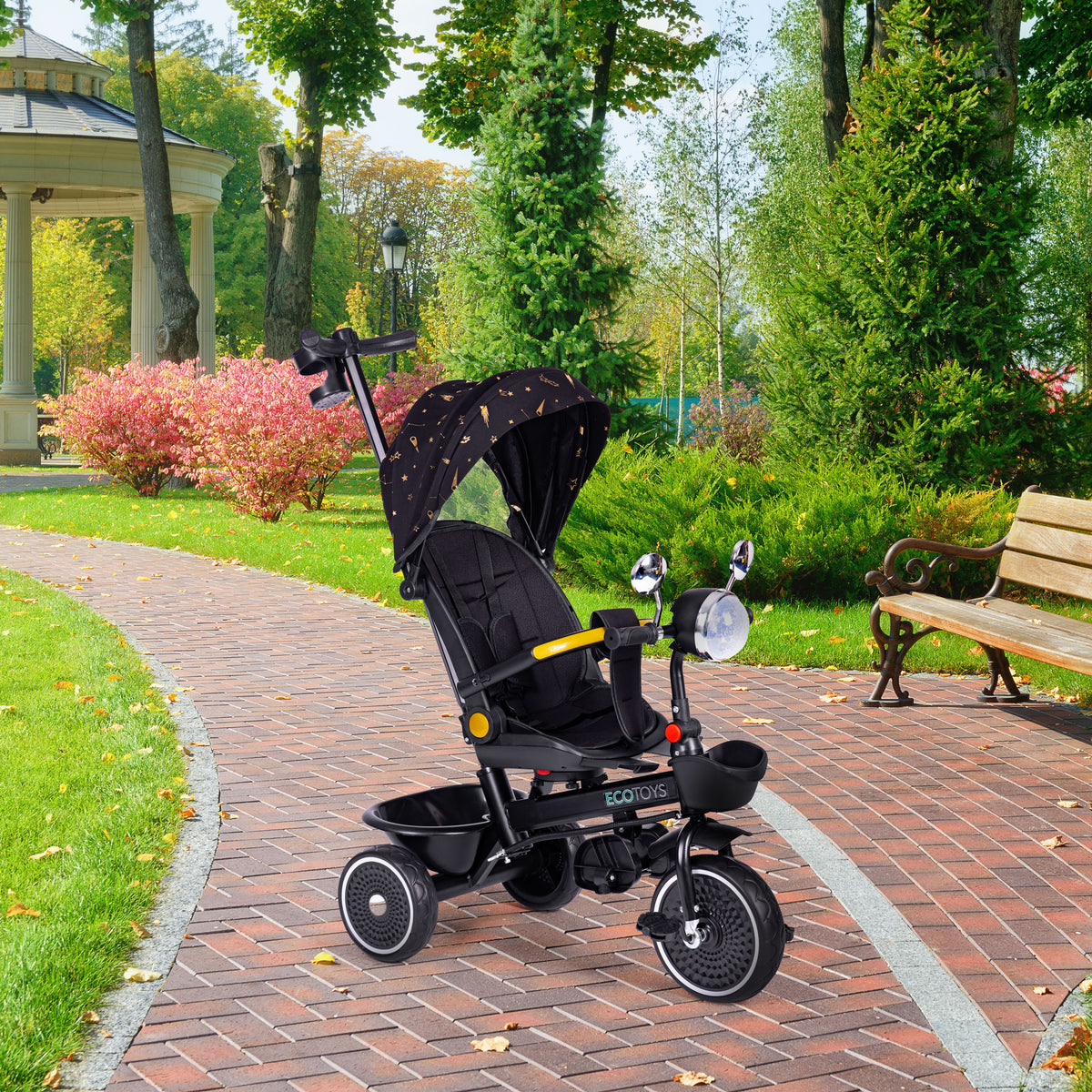 Trīsritenis – ratiņi ar grozāmu sēdekli un stumšanas rokturi, melns | EcoToys