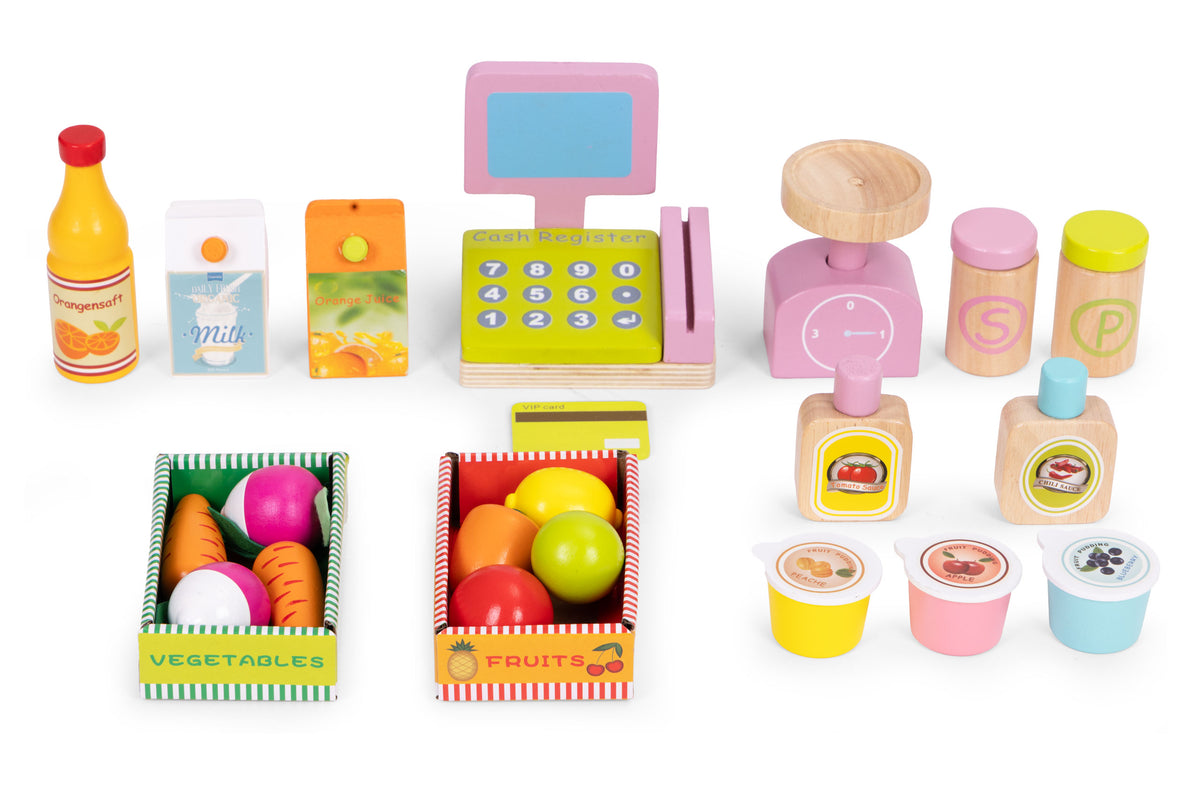 Liela koka tirgus lete bērniem ar termināli, svariem, augļiem un dārzeņiem, 20 gab. | EcoToys