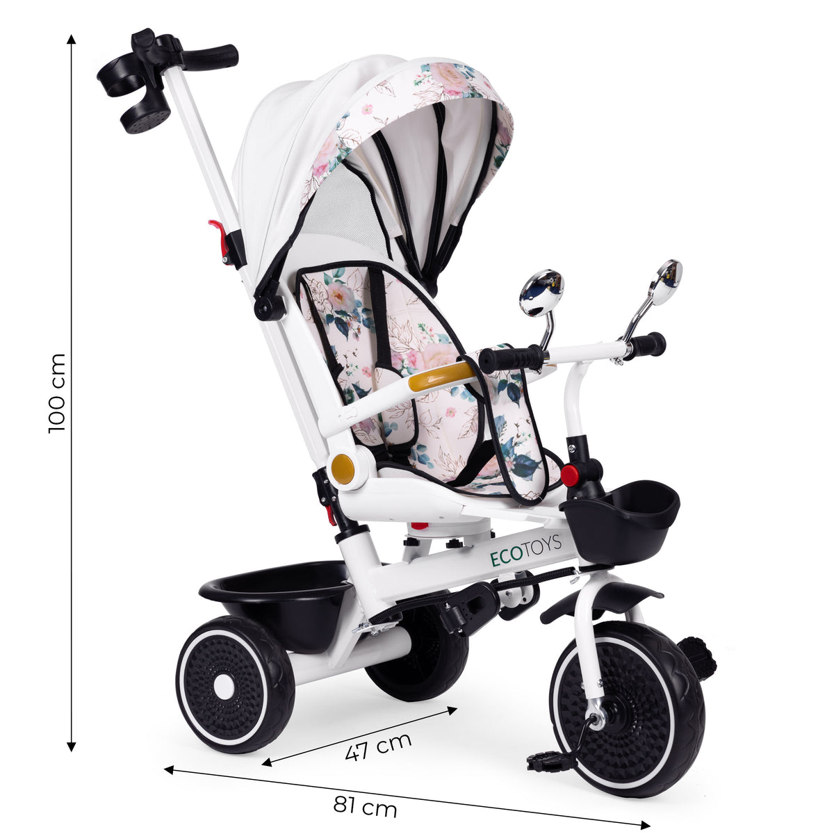 Trīsritenis – ratiņi ar grozāmu sēdekli, stumšanas rokturi un jumtiņu | EcoToys