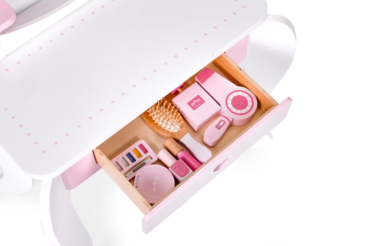 Liels bērnu tualetes galdiņš ar spoguli, krēsliņu un 7 piederumiem | EcoToys