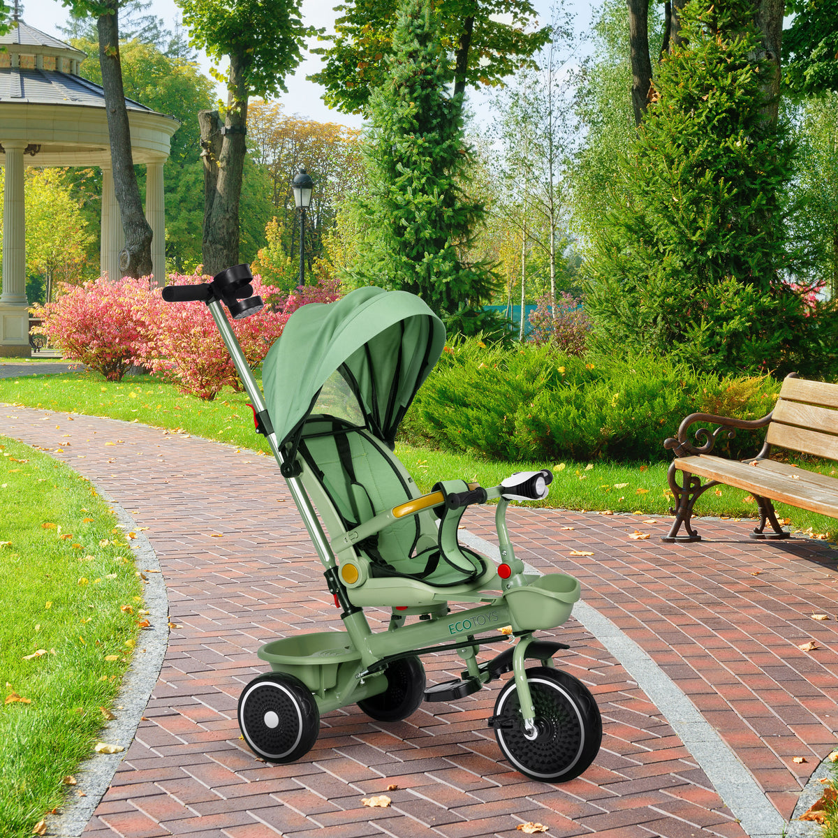 Trīsritenis – ratiņi 2in1 ar grozāmu sēdekli un saliekamu jumtiņu, zaļš | EcoToys
