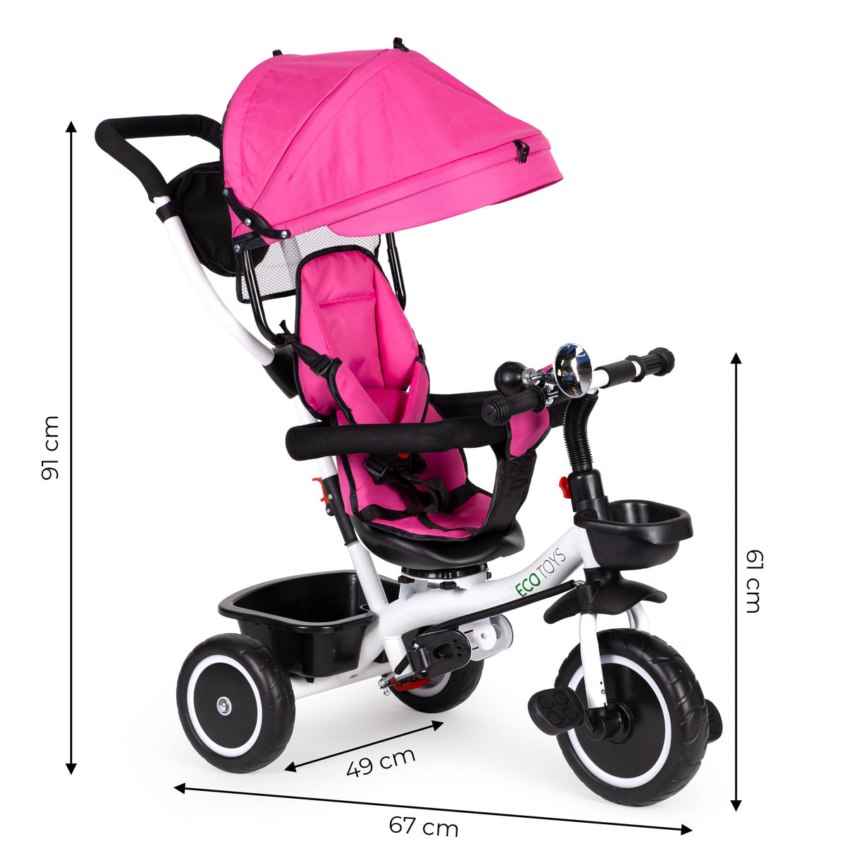 Trīsritenis – ratiņi ar 360° grozāmu sēdekli, rozā | EcoToys