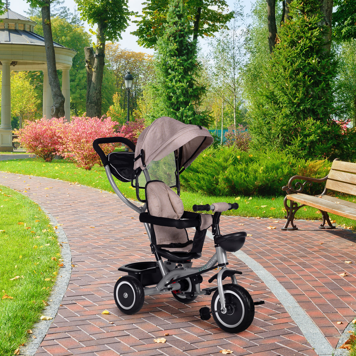 Trīsritenis – ratiņi 2in1 ar grozāmu sēdekli un saliekamu jumtiņu, bēšs | EcoToys