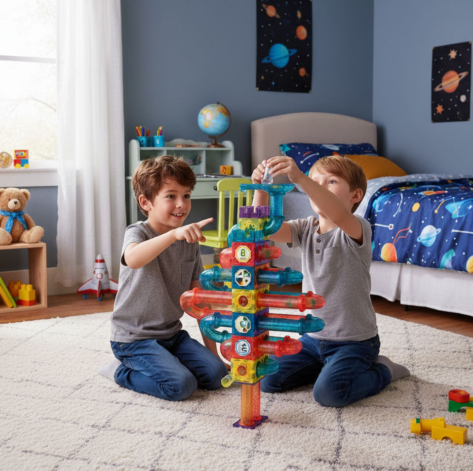 Magnētiskais konstruktors ar LED – bumbiņu trase, 166 gab. | EcoToys
