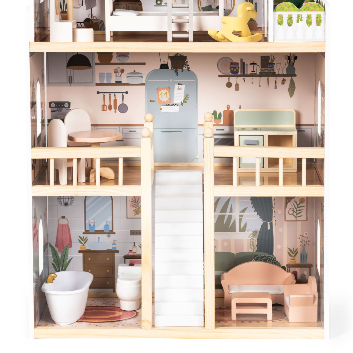 Koka leļļu māja “Laura”, 3 stāvi, 5 istabas, 15 mēbeles | EcoToys
