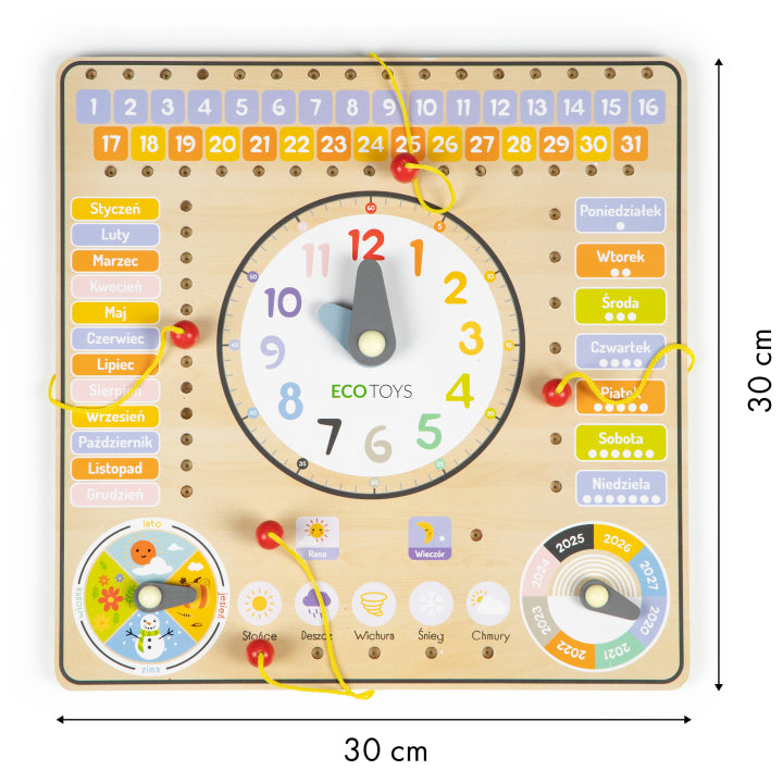 Koka manipulāciju dēlis ar kalendāru un pulksteni | EcoToys