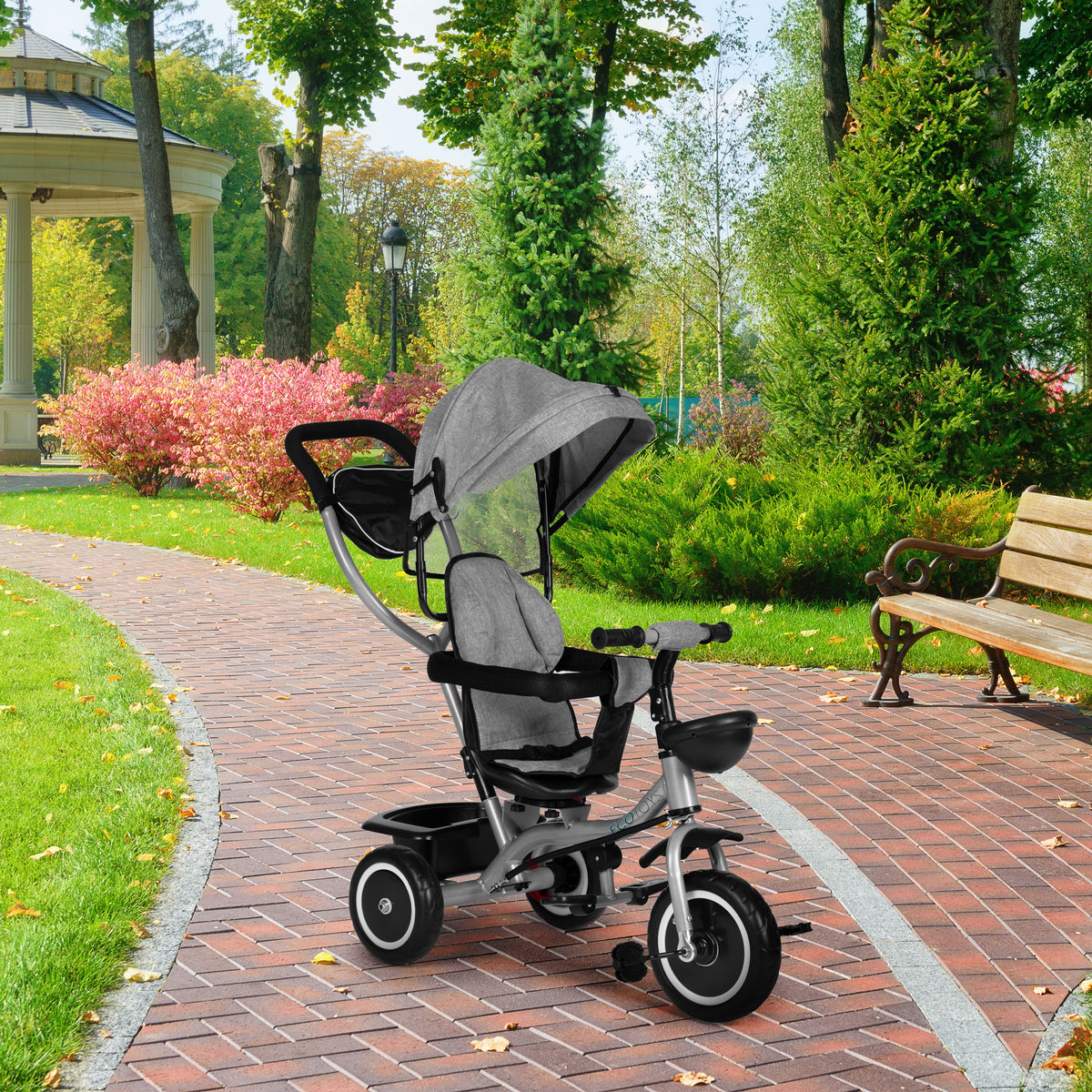 Trīsritenis – ratiņi 2in1 ar grozāmu sēdekli un saliekamu jumtiņu, pelēks | EcoToys