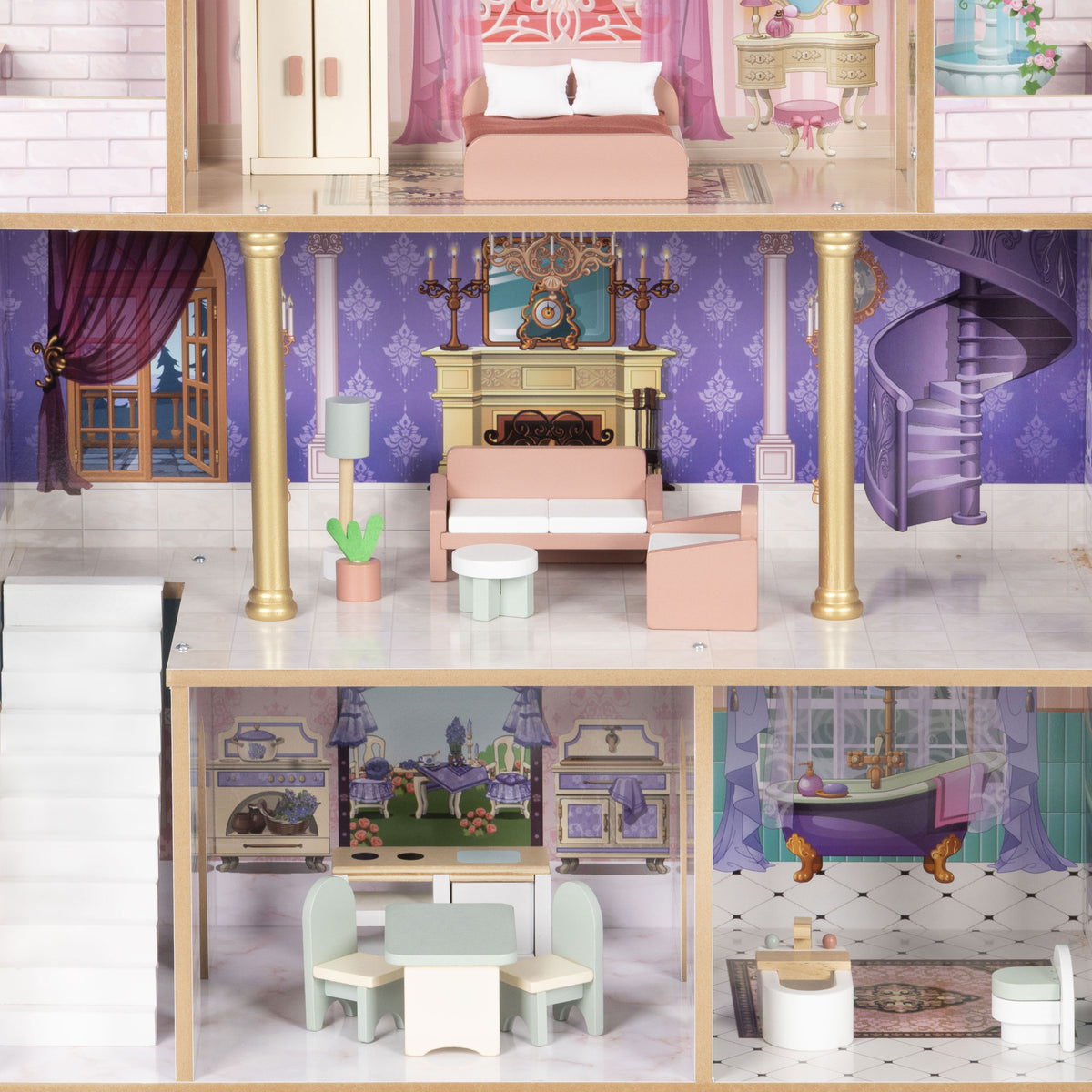 Koka leļļu māja “Bella Castle”, 4 stāvi, 5 istabas, 15 mēbeles | EcoToys
