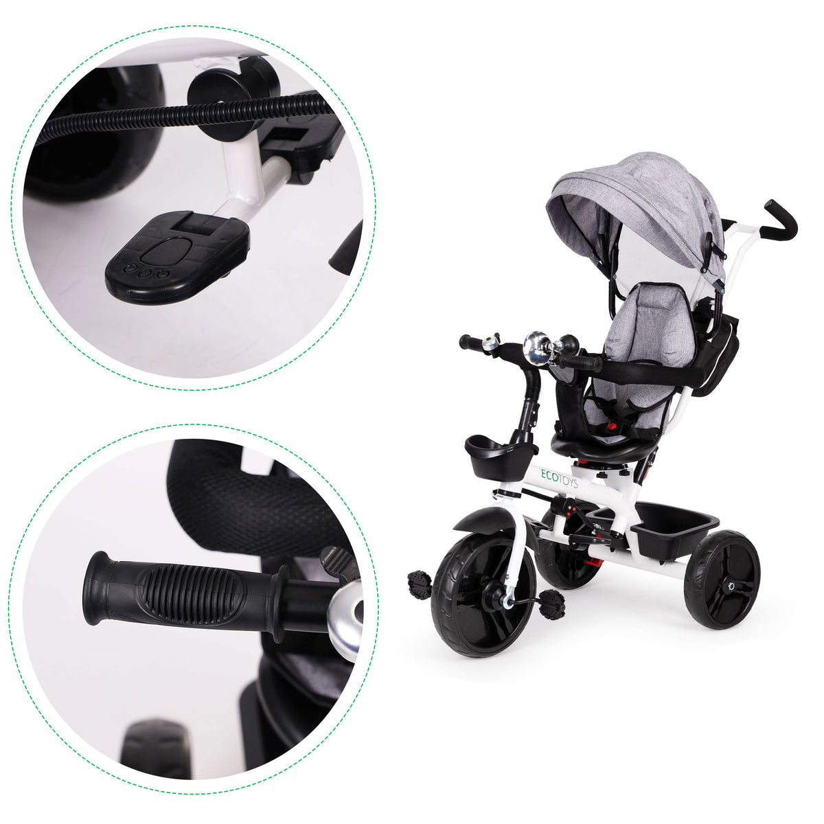 Trīsritenis ar 360° grozāmu sēdekli un jumtiņu, pelēks | EcoToys