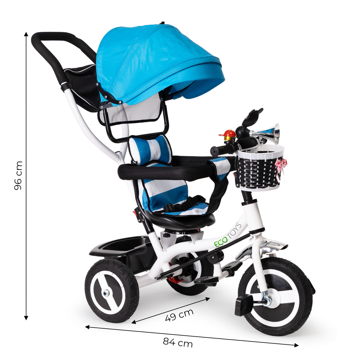 Trīsritenis ar jumtiņu un gumijas riteņiem, zils | EcoToys